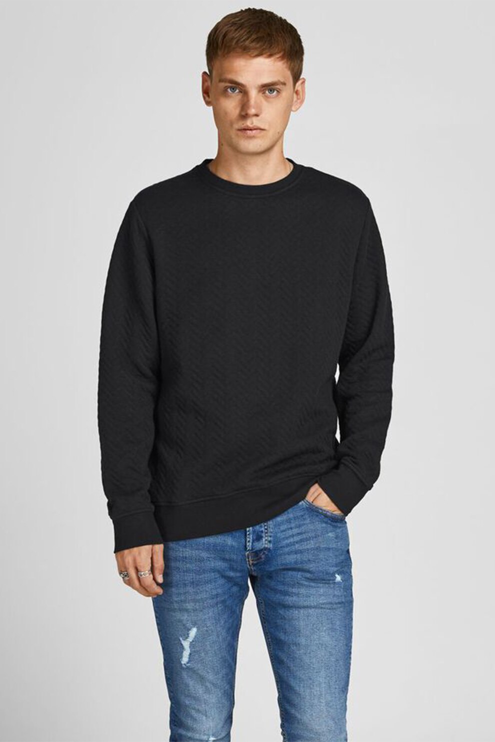 Jack&Jones, Bluza sport cu decolteu la baza gatului si aspect texturat, Negru