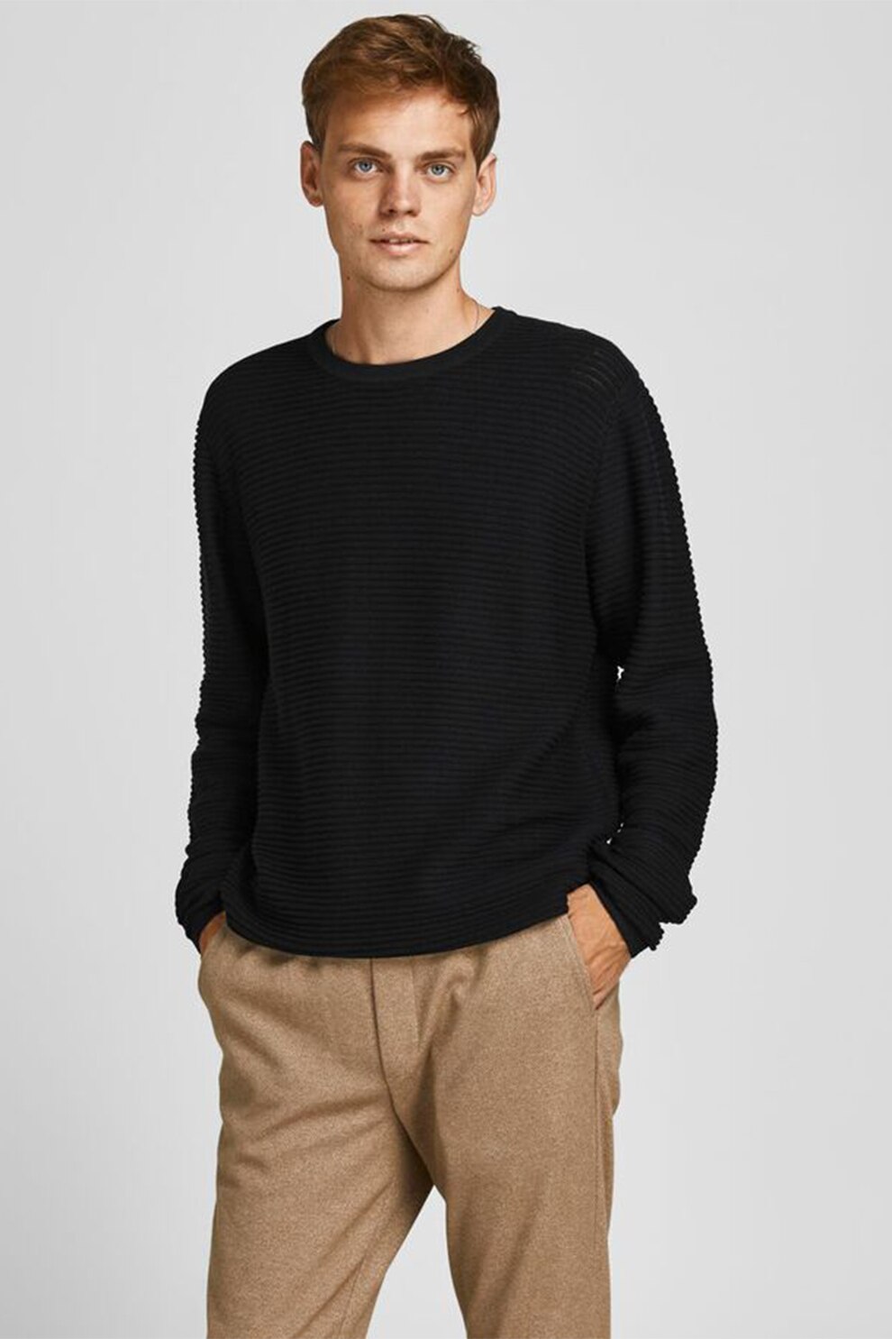 Jack&Jones, Pulover cu decolteu la baza gatului si aspect striat, Negru