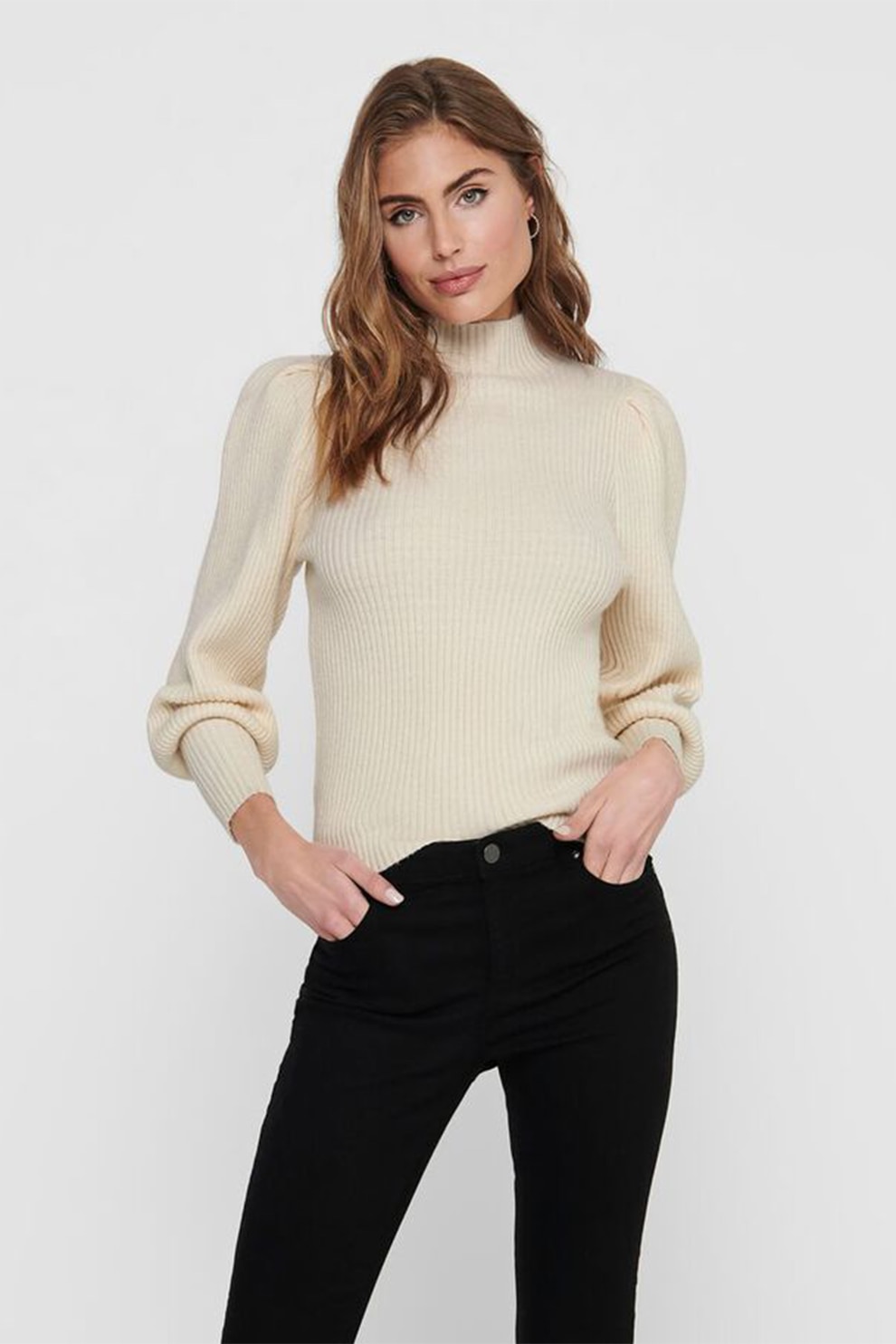 Only, Pulover cu guler inalt, striatii si maneci bufante, Crem