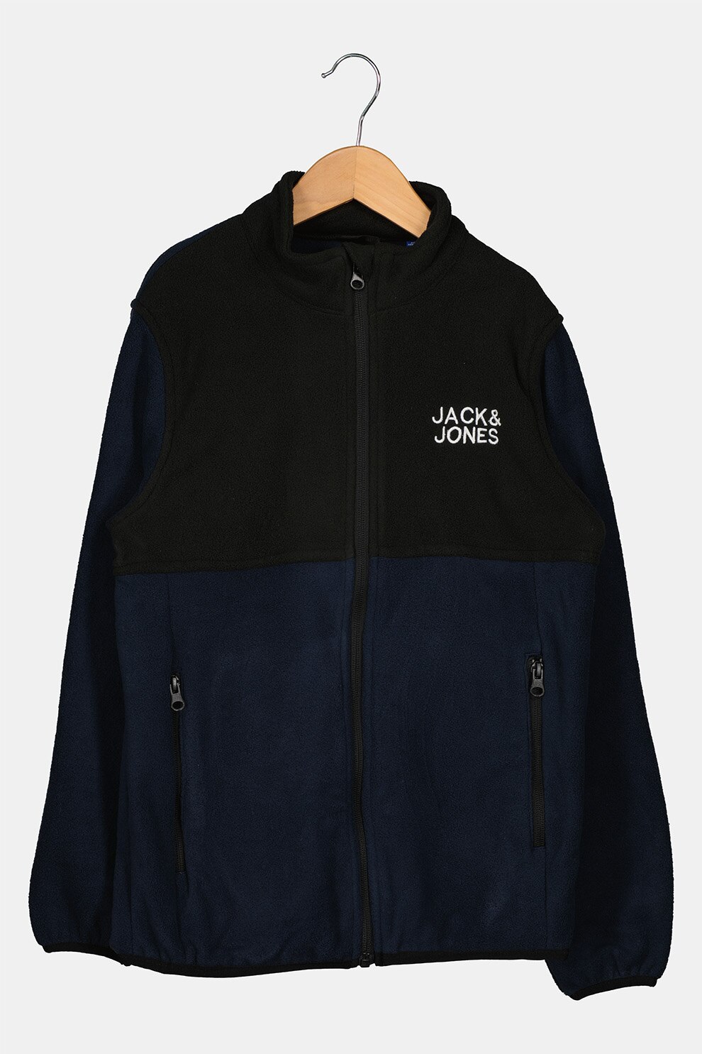 Jack&Jones, Jacheta de fleece cu fermoar si model colorblock, Bleumarin/Negru