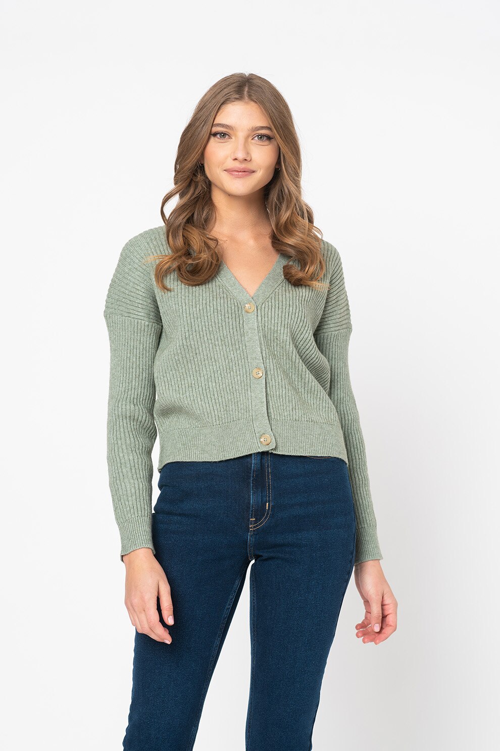 Only, Cardigan cu nasturi si maneci cazute, Verde feriga