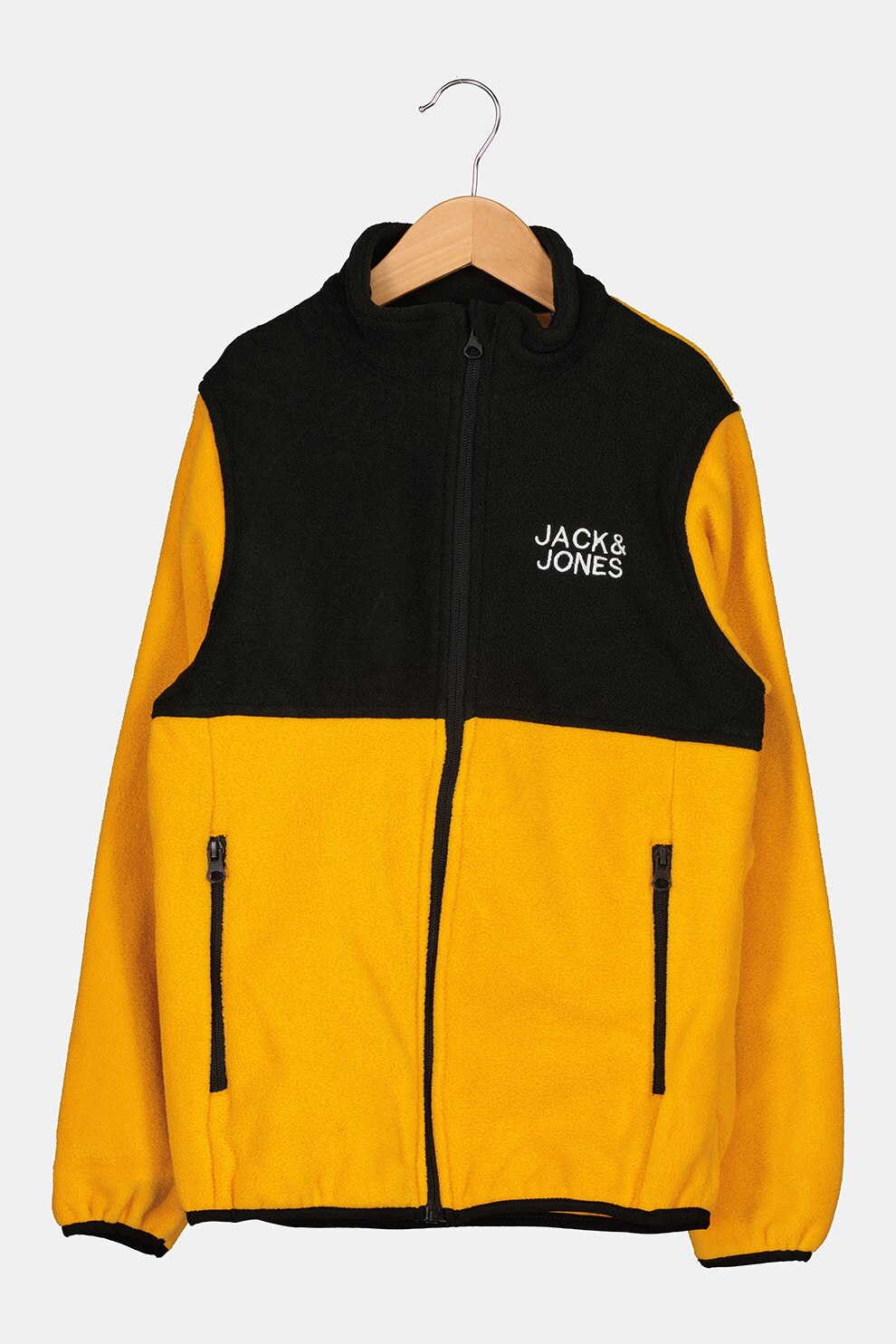 Jack&Jones, Jacheta de fleece cu fermoar si model colorblock, Galben sofran/Negru