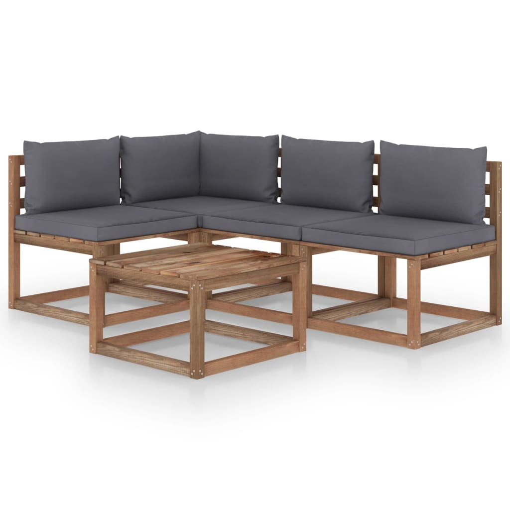 Set mobilier de gradina din paleti cu 5 piese cu perne gri antracit vidaXL, Lemn, 60 x 60 x 36.5 cm, Maro/Gri antracit