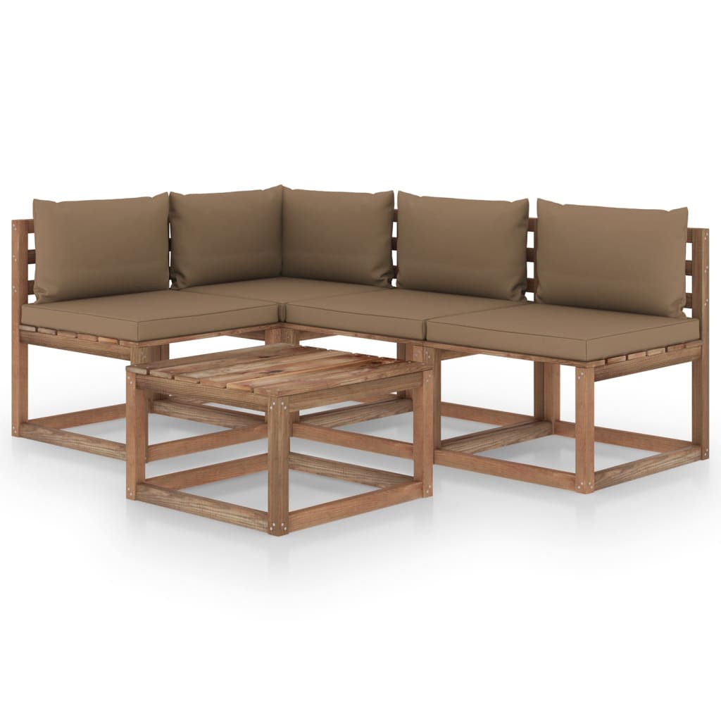 Set mobilier de gradina din paleti cu 5 piese cu perne gri taupe vidaXL, Lemn, 60 x 60 x 36.5 cm, Maro/Gri taupe
