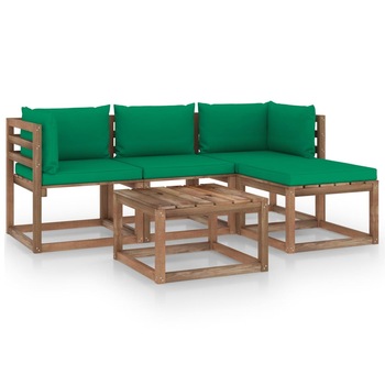 Set mobilier de gradina din paleti cu 5 piese cu perne vidaXL, Lemn, 60 x 60 x 36.5 cm, Maro/Verde