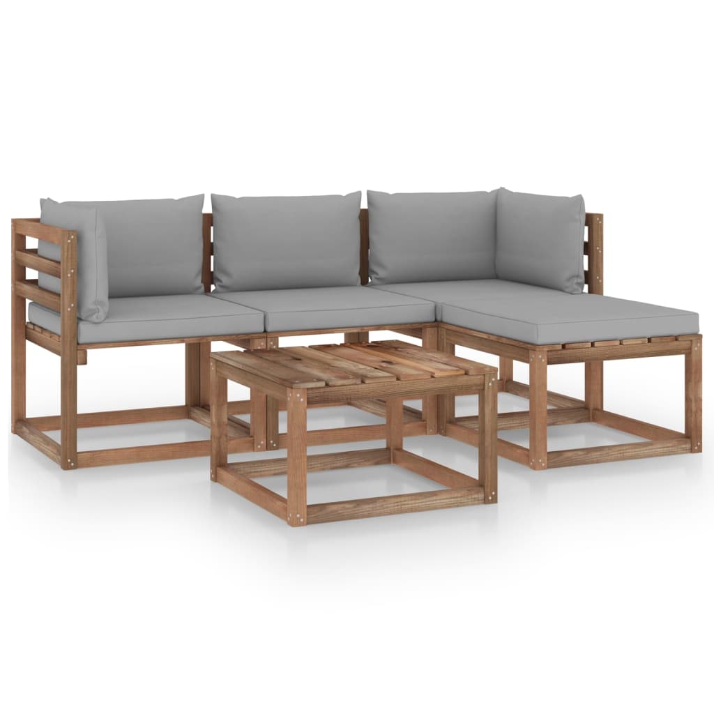 Set mobilier de gradina din paleti cu 5 piese cu perne vidaXL, Lemn, 60 x 60 x 36.5 cm, Maro/Gri