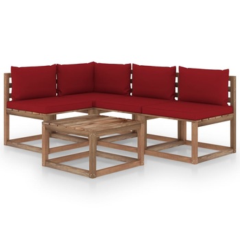Set mobilier de gradina din paleti cu 5 piese cu perne rosu vin vidaXL, Lemn, 60 x 60 x 36.5 cm, Maro/Rosu vin