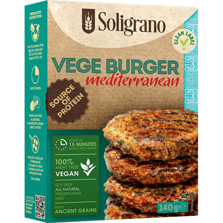 Burger Vegan Mediterranean cu spelta, rosii si naut Soligrano, 140g