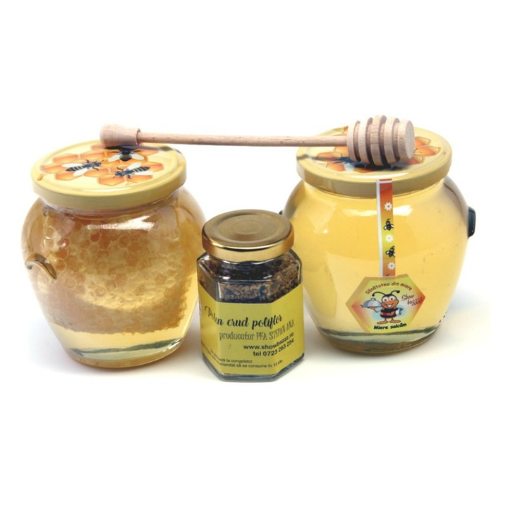 Pachet Apicol 1 borcan faguri miere salcam,1 borcan amfora miere salcam, 1 borcanel polen poliflor, Produs Apicol Autentic si Pur Direct din Stup, Boutique Deluxe