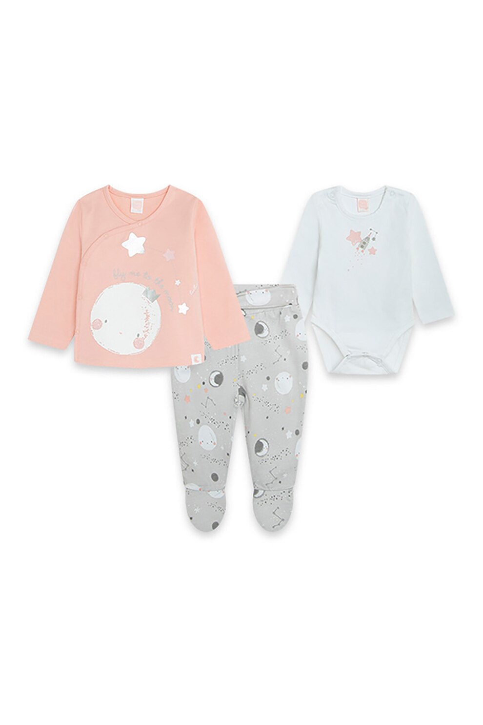 Tuc Tuc, Set de bluza, body si pantaloni cu botosei, roz piersica, gri cenusa, alb