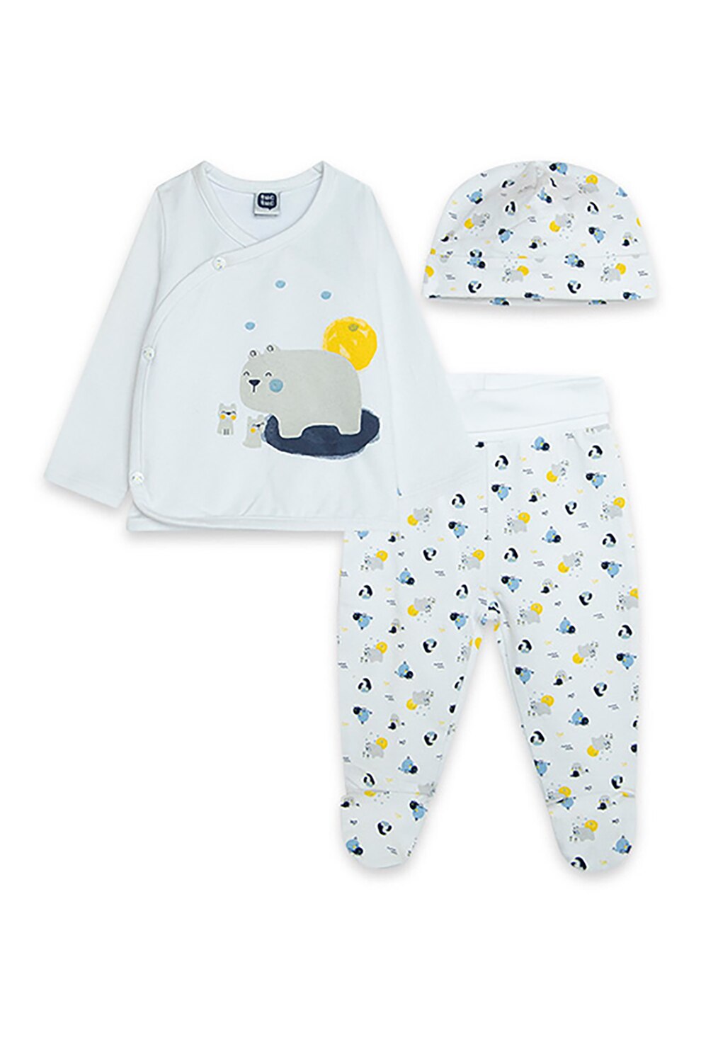 Tuc Tuc, Bluza cu imprimeu grafic, pantaloni cu botosei si caciula, albastru pastel, galben, bleumarin inchis