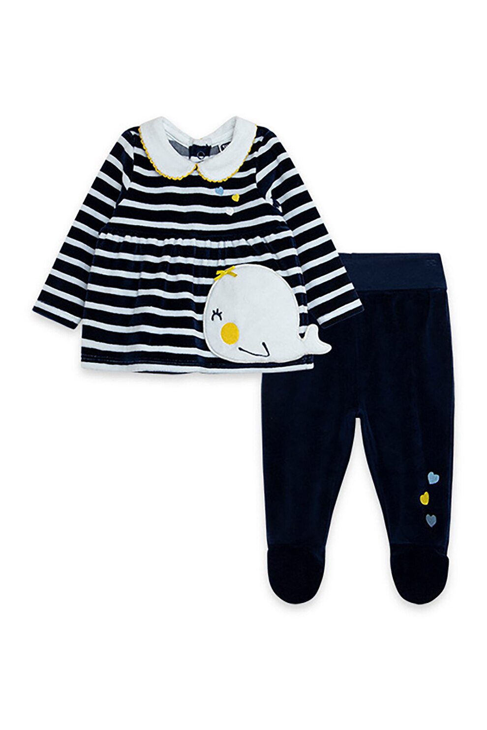 Tuc Tuc, Set de bluza cu dungi si pantaloni su botosei, Bleumarin inchis/Alb/Galben