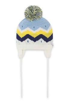 Tuc Tuc,Caciula tricotata cu snururi, Alb/Bleumarin inchis/Galben Tuc Tuc,Caciula tricotata cu snururi, Alb/Bleumarin inchis/Galben