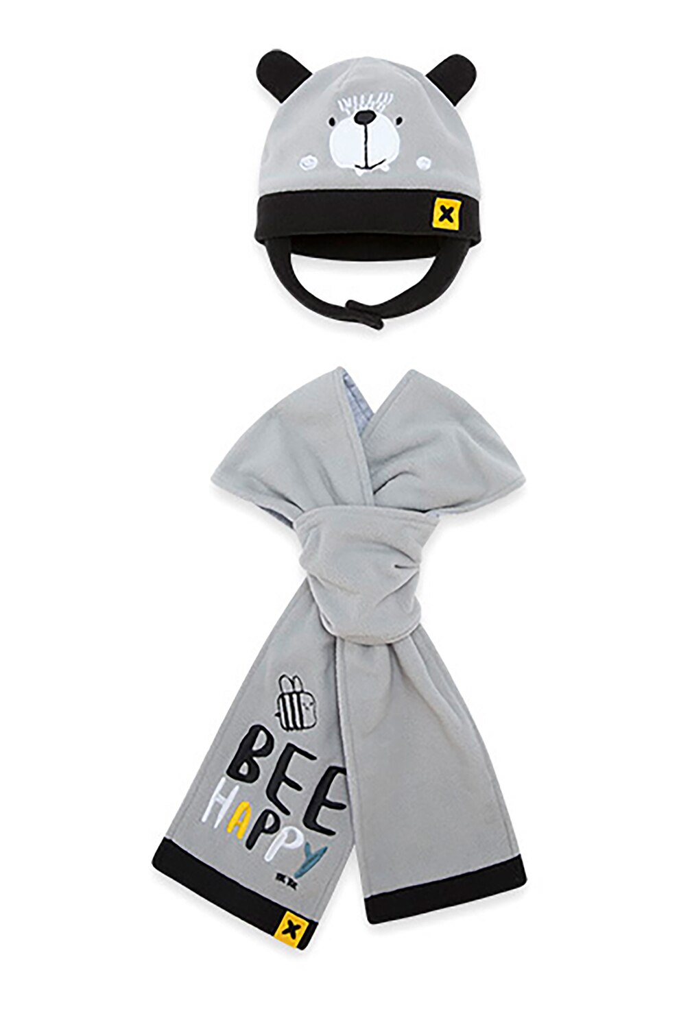 Tuc Tuc, Set de caciula din fleece si fular cu design urs, Gri cenusa/negru/galben