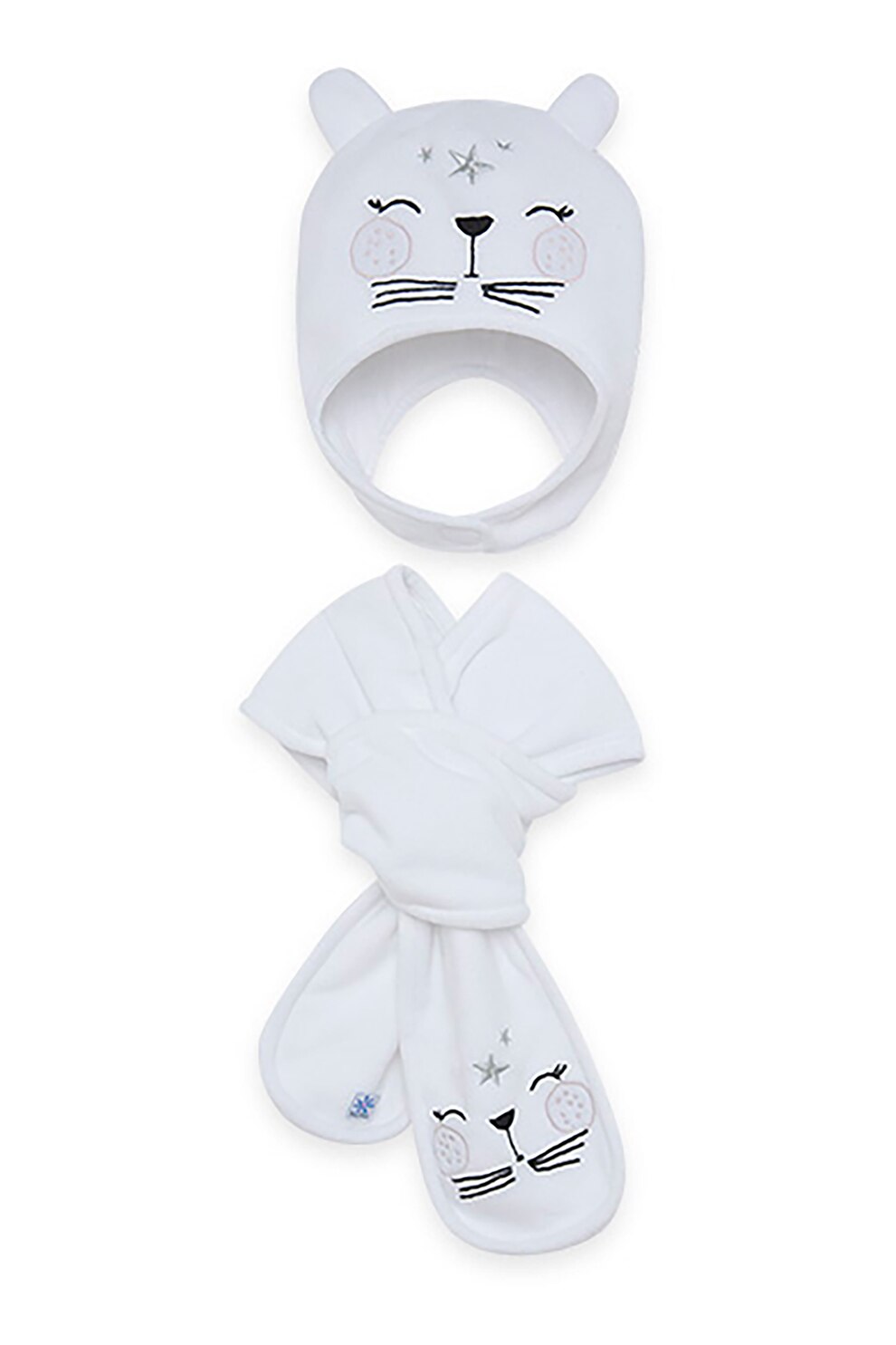 Tuc Tuc, Set de caciula si fular cu model grafic, Alb/Negru/Argintiu