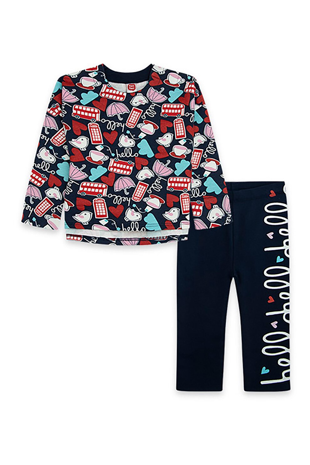 Tuc Tuc, Set de imbracaminte din amestec de bumbac cu model grafic - 2 piese, bleumarin inchis, rosu inchis, roz