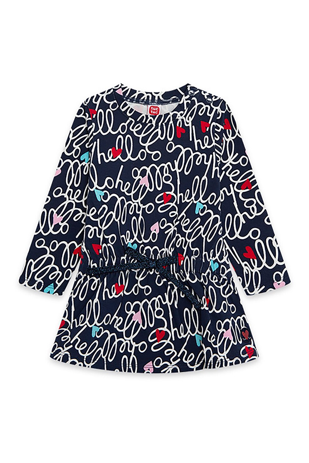 Tuc Tuc, Rochie scurta evazata cu model text si grafic, bleumarin inchis, rosu, alb