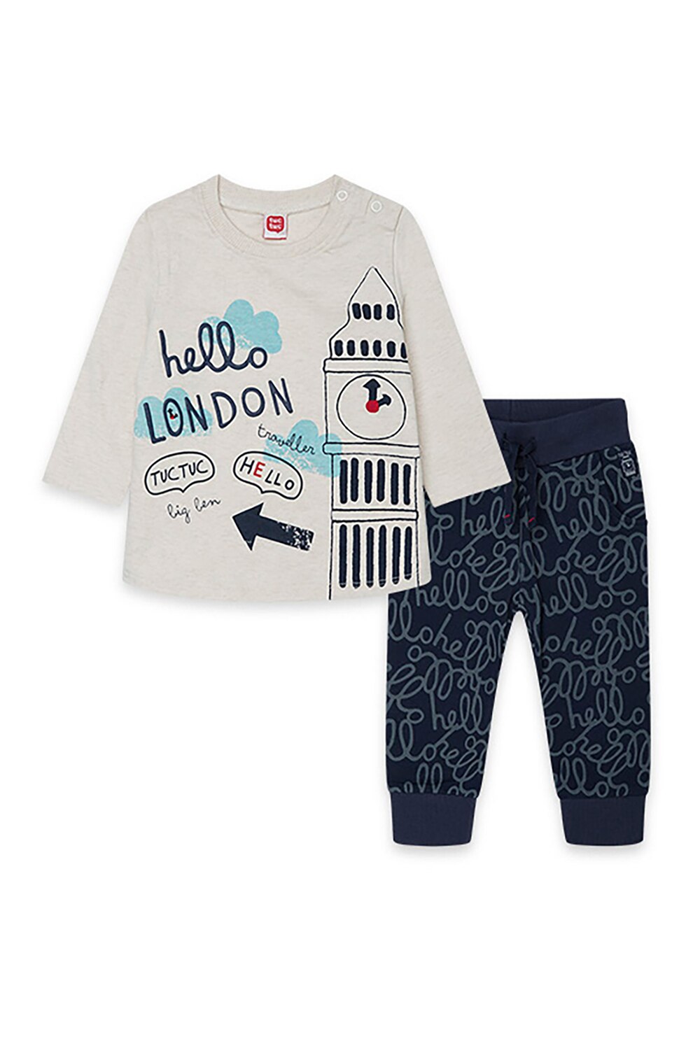 Tuc Tuc, Set de bluza si pantaloni scurti cu model text si grafic, Alb prafuit/Bleumarin inchis