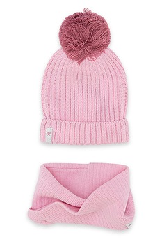 Tuc Tuc, Set de caciula striata cu ciucure si fular, Roz pastel/Roz prafuit, 58 EU Tuc Tuc, Set de caciula striata cu ciucure si fular, Roz pastel/Roz prafuit, 58 EU