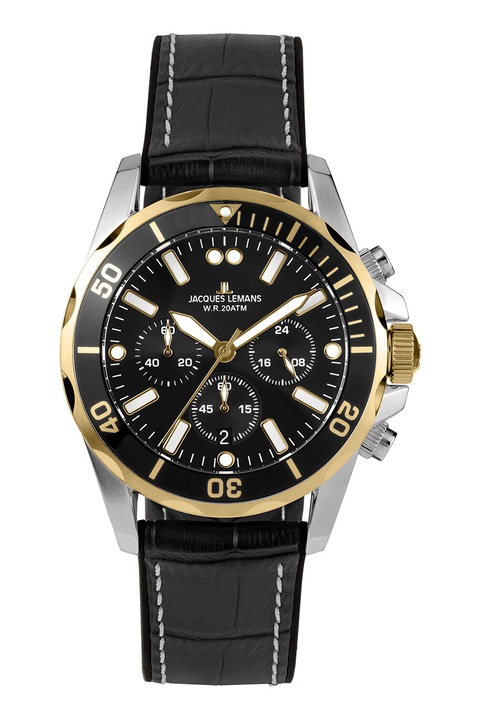 Jacques Lemans, Chrono karóra krokodilbőr mintás bőrszíjjal, Fekete