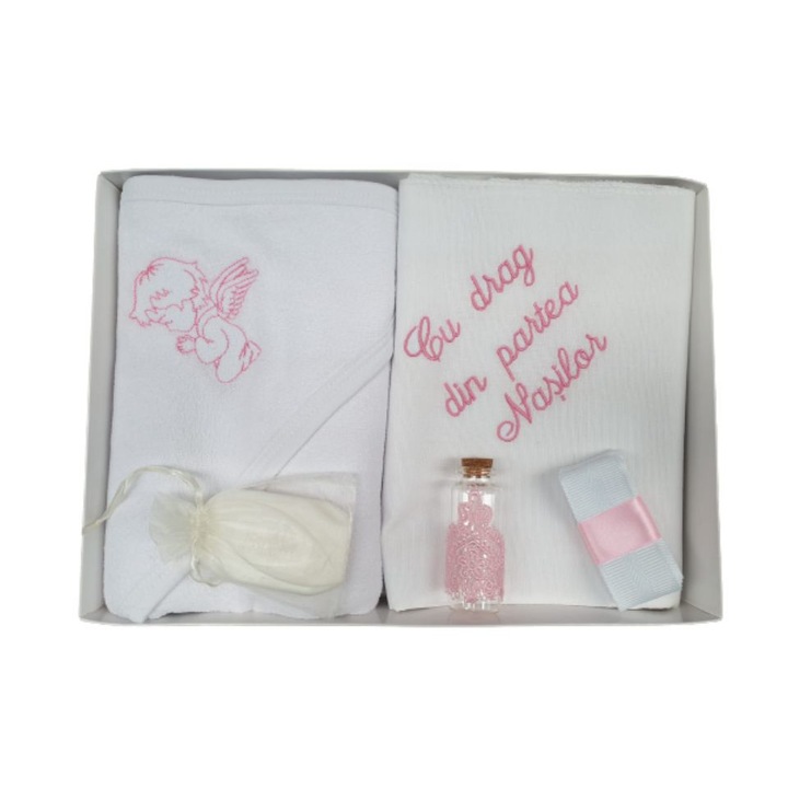 Trusou alb-roz pentru botez, "Cu drag din partea nasilor",6 piese