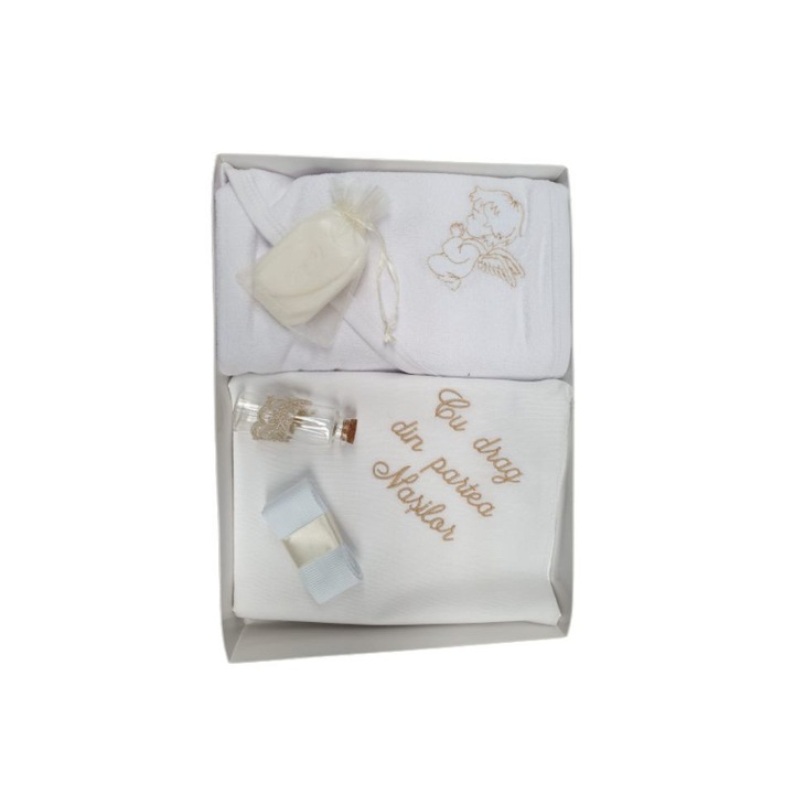 Trusou alb-auriu pentru botez, "Cu drag din partea nasilor",6 piese