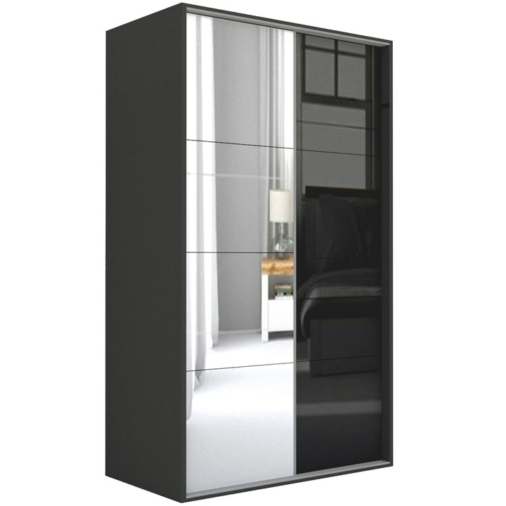 Dressing Genarom LEX A, Gri / Oglinda / Negru Lucios, 171 x 240 x 66 cm