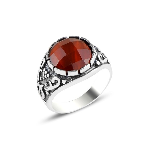 Inel argint oxidat cu model anatolian si rubin de laborator 15787