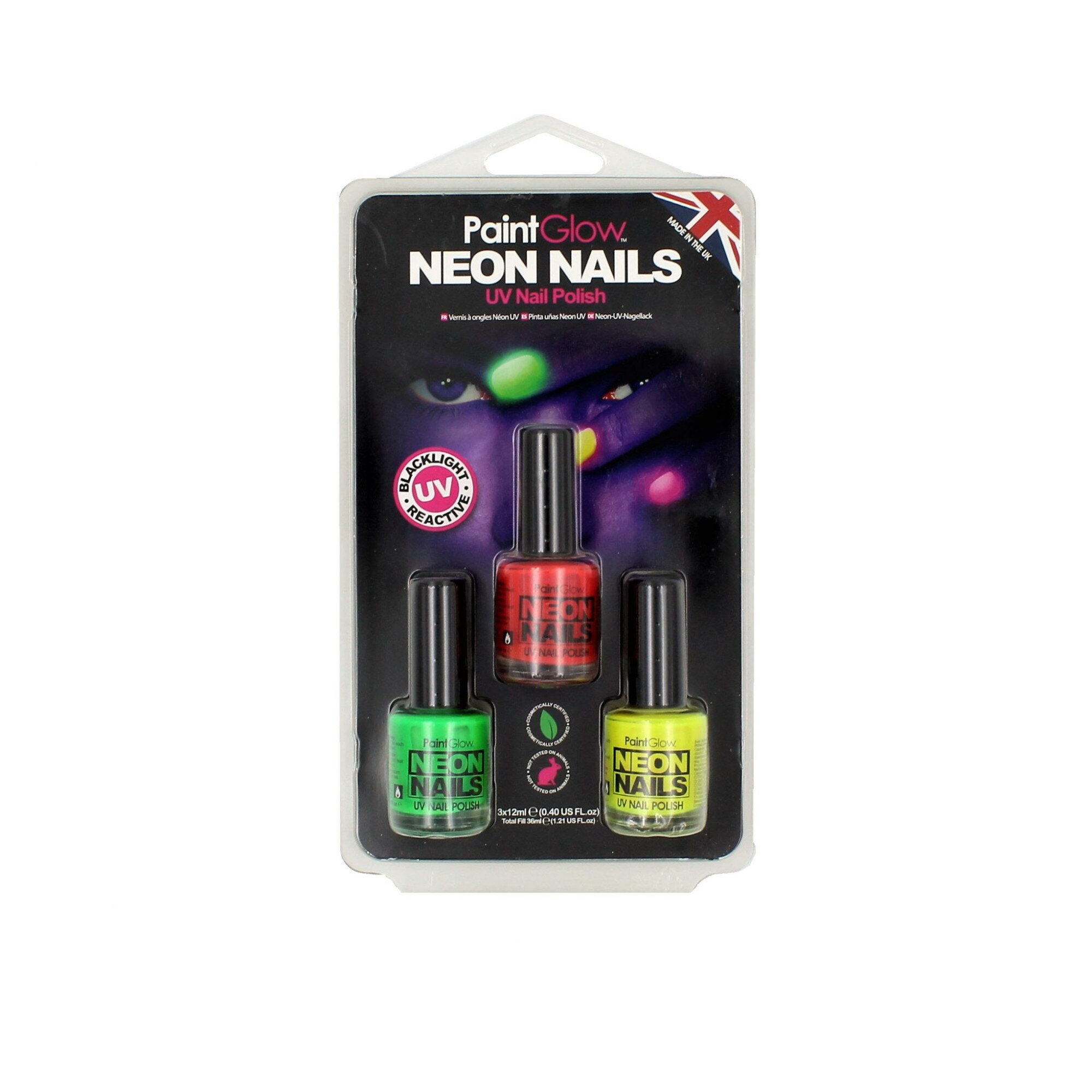 Set oje, 3 bucati, PaintGlow UV Neon HP37, 3x12 ml, rosu, verde si galben