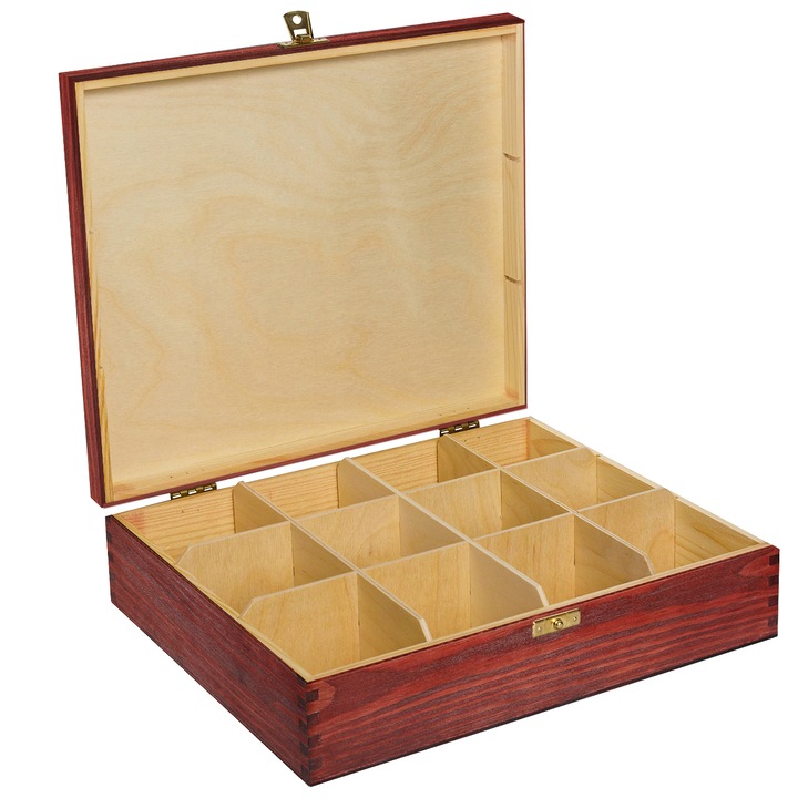 Creative Deco Fából készült nagy teásdoboz, Vörös, 12 rekesz, 29 x 25 x 7.5 cm