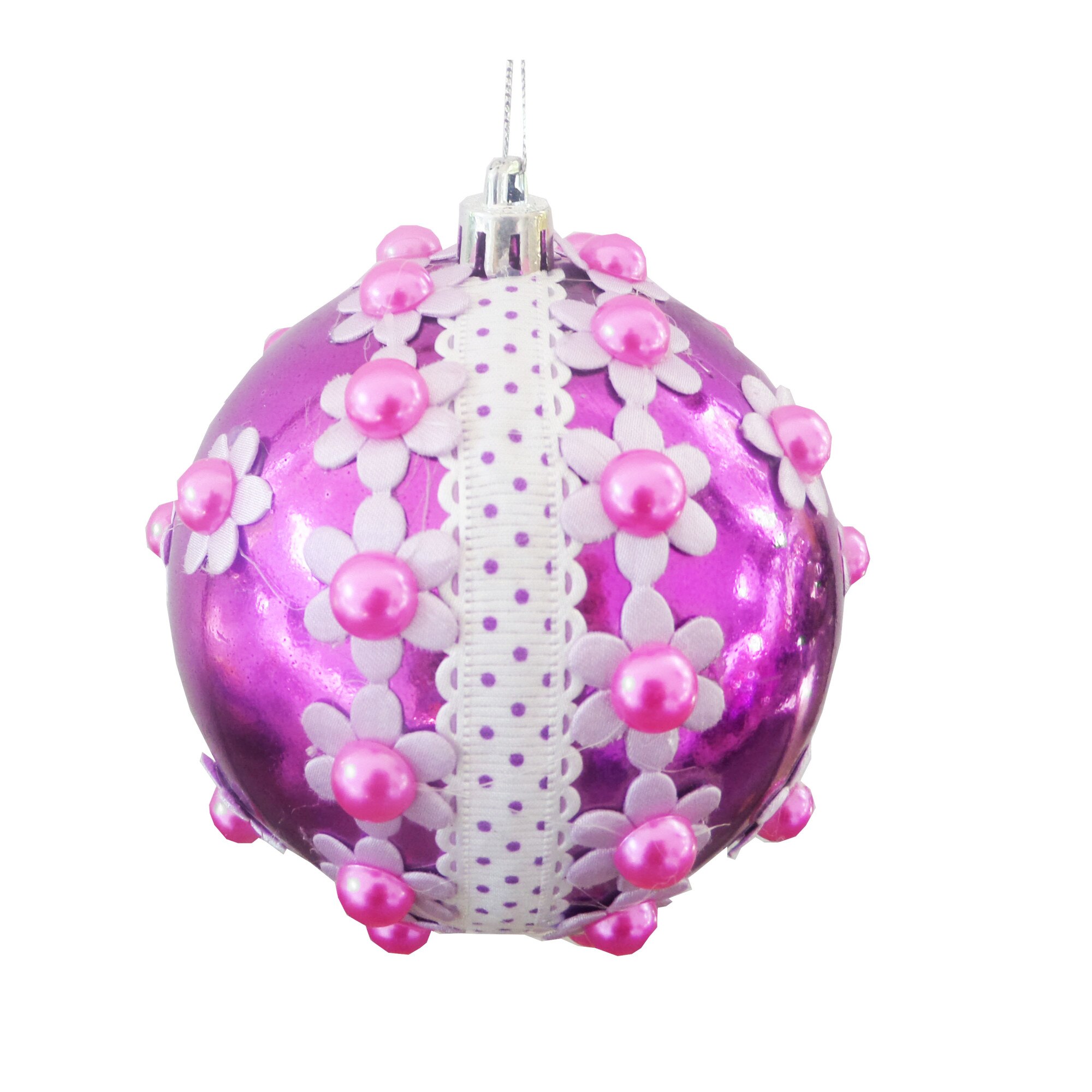 Glob de Craciun de 10 cm Mov-Fuchsia cu Flori si Perle