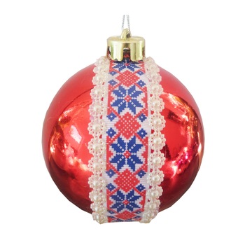 Glob de Craciun 12 cm Rosu cu Motive Traditionale Romanesti Cruce si Perle Glob de Craciun 12 cm Rosu cu Motive Traditionale Romanesti Cruce si Perle