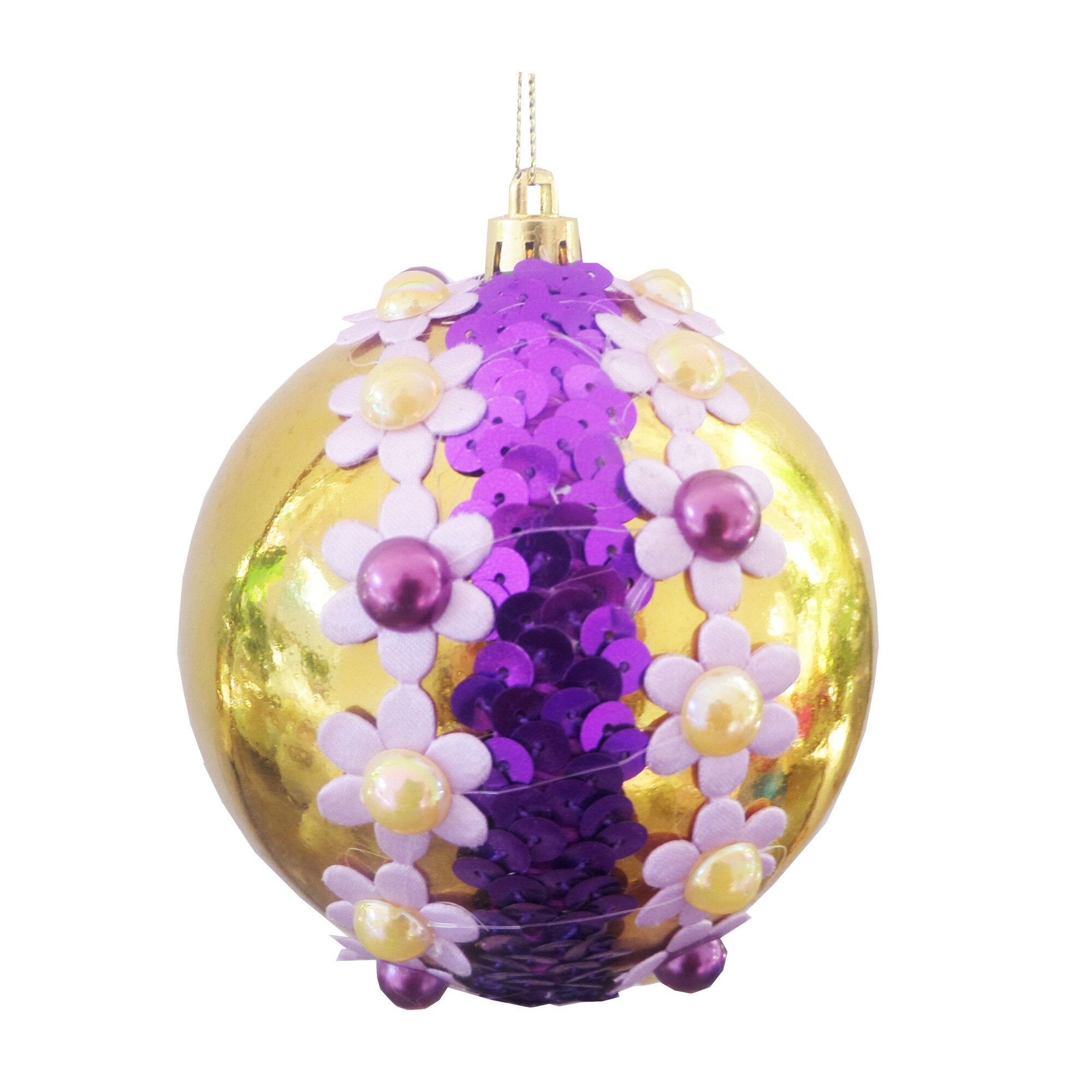 Glob de Craciun de 10 cm Galben-Mov cu Flori si Perle