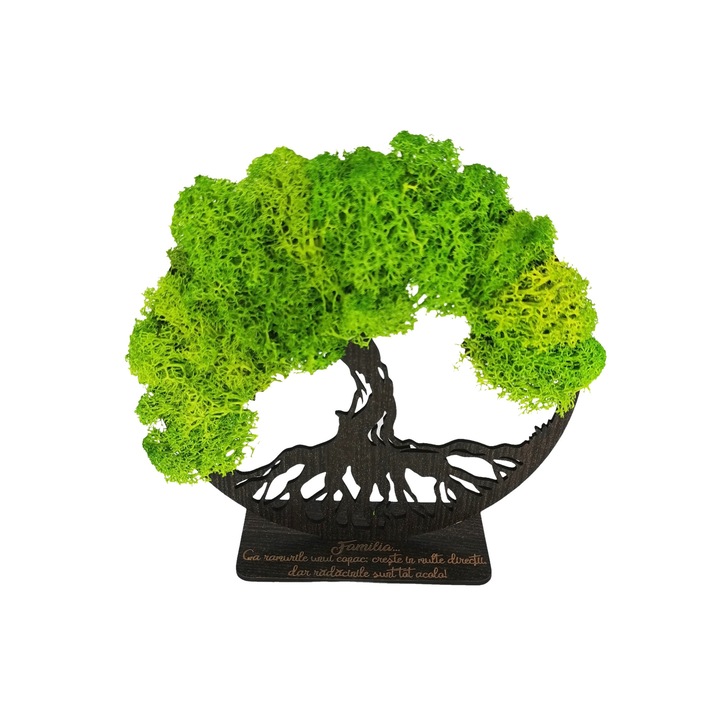 Decoratiune Copacul vietii cu licheni verzi, cu suport gravat cu mesaj "Familia-ca ramurile unui copac", Lemn Wenge, 30 cm