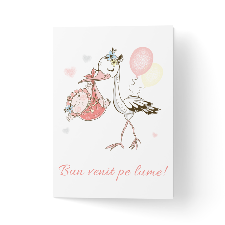 Felicitare cu plic, hartie texturata premium - barza cu fetita