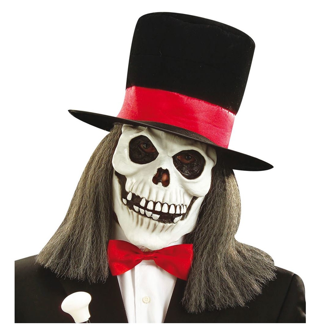 Masca schelete cu palarie din catifea si peruca