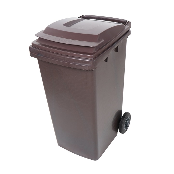 Pubela cu capac pentru colectarea deseurilor, capacitate 240L, din polietilena, prevazuta cu roti din material rezistent la intemperii, culoare maro