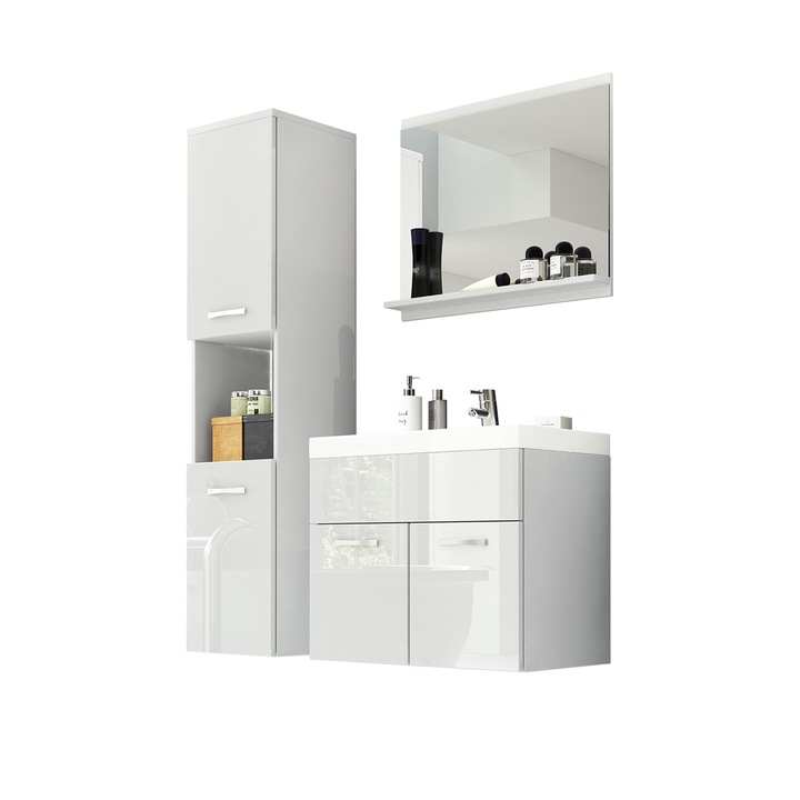 Mobilier de baie Floryna, MIRJAN24, cu Chiuveta si Sifon, alb / alb lucios