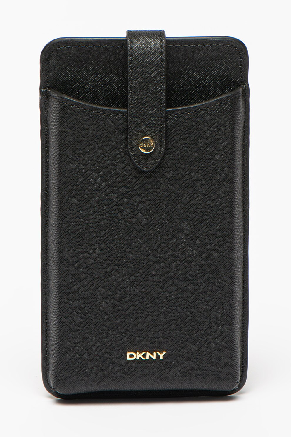 DKNY, Suport pentru telefon, de piele, cu bareta din lant, Negru