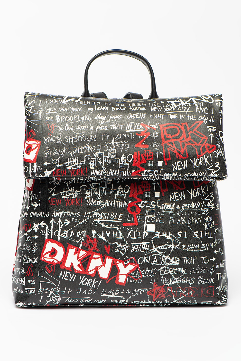 DKNY, Rucsac de piele ecologica cu model logo, Negru/Alb/Rosu