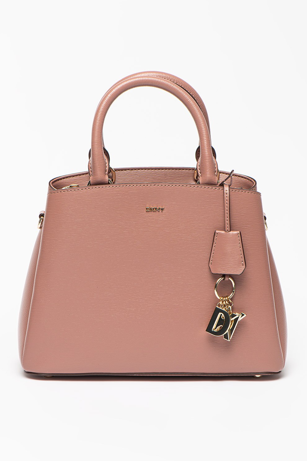 DKNY, Geanta de piele cu bareta de umar si logo, Roz prafuit