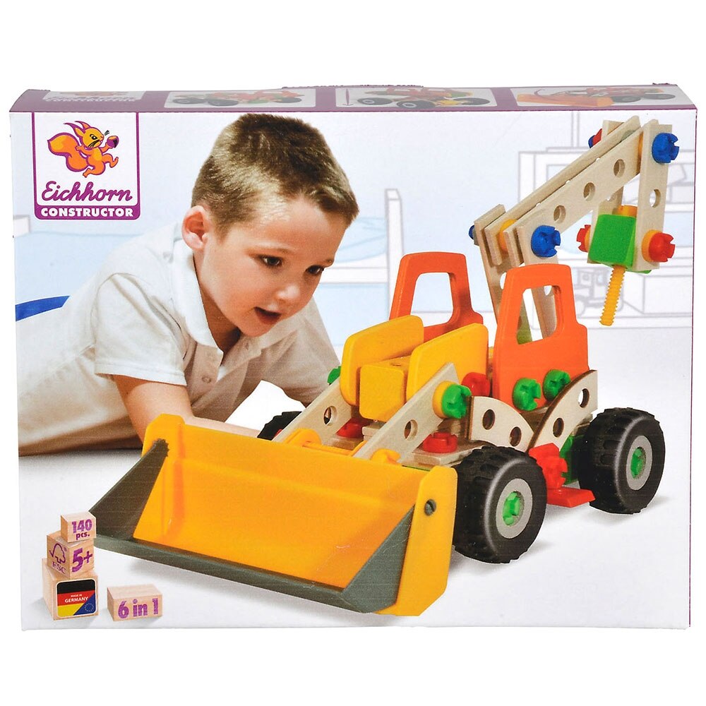 Set constructie din lemn Eichhorn Wheel Loader 6 in 1, 140 piese