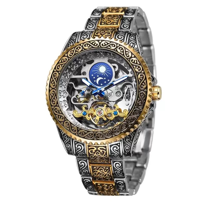 Часовник Forsining, автоматично-механичен, мъжки, злато / сребро, с турбийон и лунна фаза (показва нощ / ден), гривна от неръждаема стомана, устойчива на надраскване, моден стил