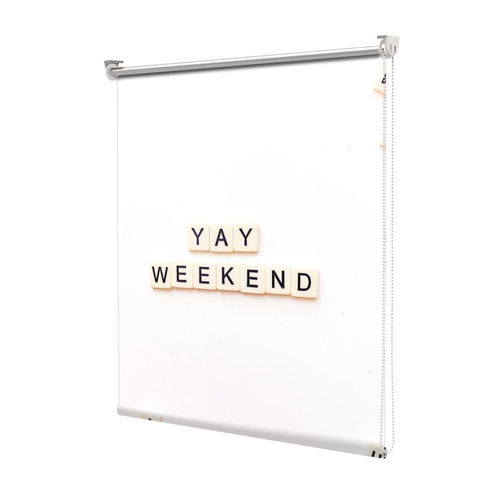 Roleta Art Shade tip Jaluzea cu Rulou si sistem inclus, Art Star, Yay weekend, Mesaje, Decoratiuni, Latime 80 cm x Inaltime 130 cm