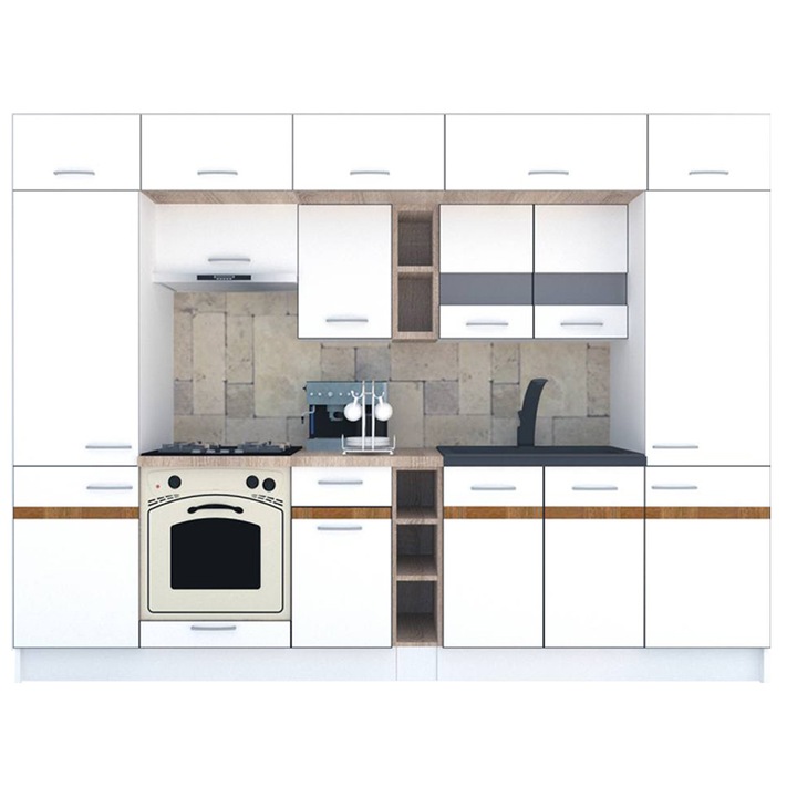 Set Bucatarie Genarom BIGMAR 300, 300 x 225,5 x 60 cm, Alb /Alb