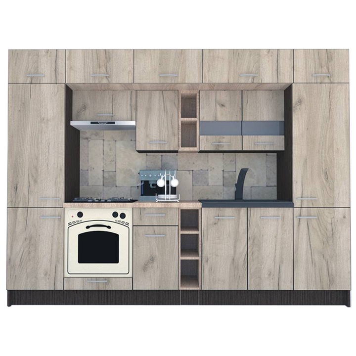 Set Bucatarie Genarom BIGMAR 300, 300 x 225,5 x 60 cm, Wenge / Decor K002