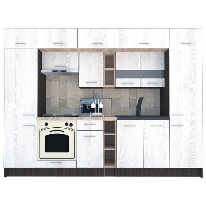 Set Bucatarie Genarom BIGMAR 300, 300 x 225,5 x 60 cm, Wenge / Decor K010