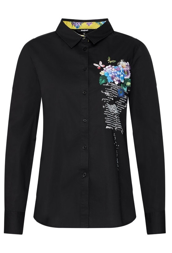 Camasa cu broderie , Desigual , Slim fit, Negru