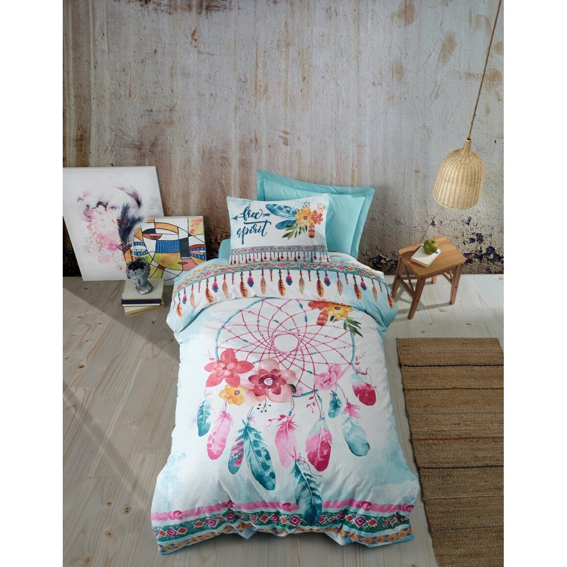 Set Lenjerie pat 1 persoana bumbac 100 ranforce, 3 piese, cearceaf cu elastic, Cotton Box, Joslin Mint