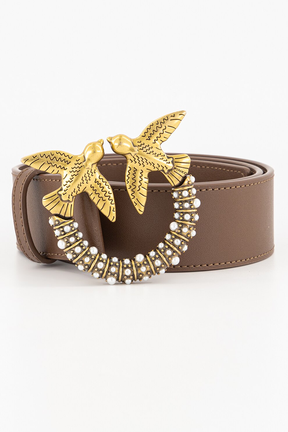 Pinko, Curea de piele cu margele pe catarama, Maro, 95 CM Standard